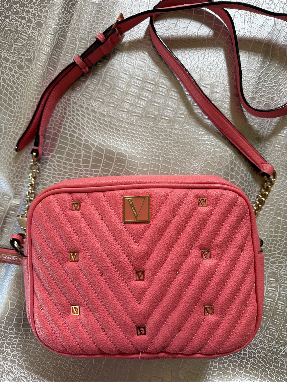 Victorias Secret Quilted Crossbody Bag in Coral Pink
